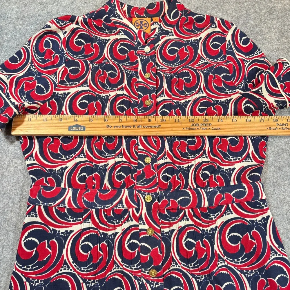 Tory Burch Dress Womens S Red Blue Swirl Print Button Front Logo 70s Geometric